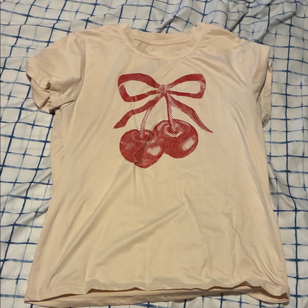SHEIN Cream Tee with Red Cherry Bow Design